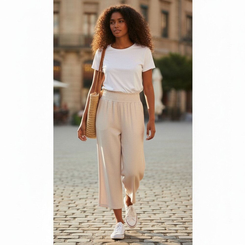 Cloth & Stone Size XL Neutral WIde Leg Cropped Pants Smocked Elastic Coulottes